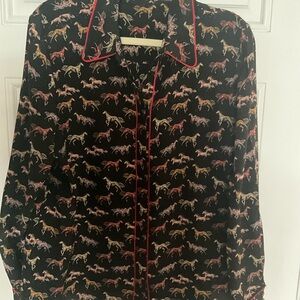 Alice + Olivia Lux Silk Horse Print Black Button-Up Shirt Size Large